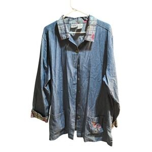 CAPACITY Denim Shirt‎ Jacket Floral Embroidered Pockets Women's Large Blue